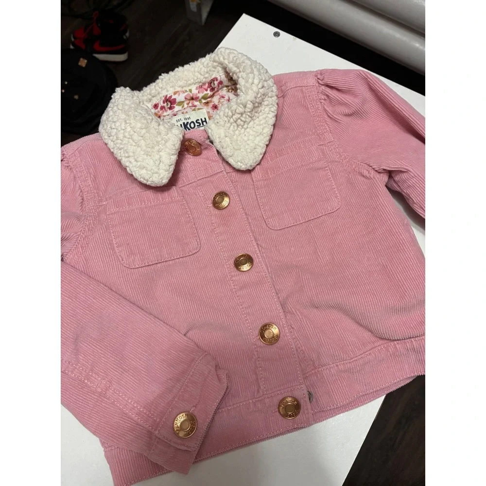OshKosh Bgosh Girls Pink Corduroy Sherpa Collar Trucker Jacket 3T Floral Lining